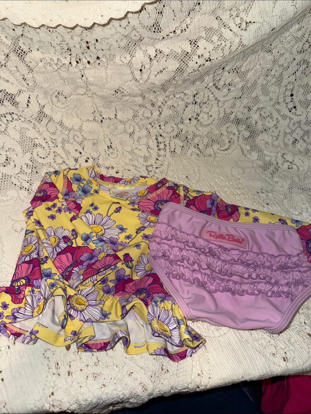 Ruffle Butts Yellow Floral Long-Sleeve Swim Top with Pink Ruffle Bikini Bottom